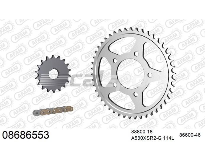 08686553 - AFAM Premium Chain & Steel Sprocket Kit, 530 (OE pitch) - Gold 114 link chain, 18T steel/46T steel sprockets