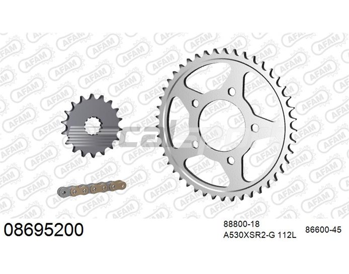 08695200 - AFAM Premium Chain & Steel Sprocket Kit, 530 (OE pitch) - Gold 112 link chain, 18T steel/45T steel sprockets