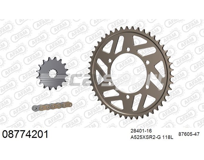 08774201 - AFAM Premium Chain & Ultralight Alu Racing Sprocket Kit, 525 (OE pitch), From VIN 560477,R From VIN 560477 - Gold 118 link chain, 16T steel/