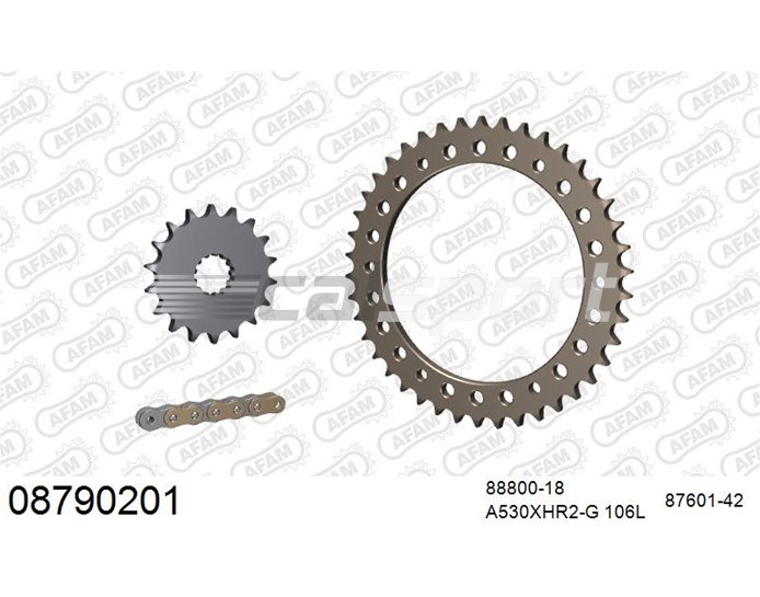 08790201 - AFAM Premium Chain & Ultralight Alu Racing Sprocket Kit, 530 (OE pitch) - Gold 106 link chain, 18T steel/42T alu sprockets