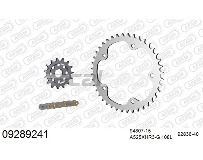 09289241 - AFAM Premium Chain & Steel Sprocket Kit, 525 (OE pitch), 312RR - Gold 108 link chain, 15T steel/40T steel sprockets