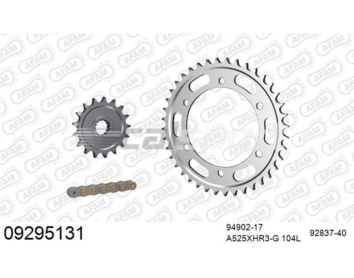 09295131 - AFAM Premium Chain & Steel Sprocket Kit, 525 (OE pitch) - Gold 104 link chain, 17T steel/40T steel sprockets