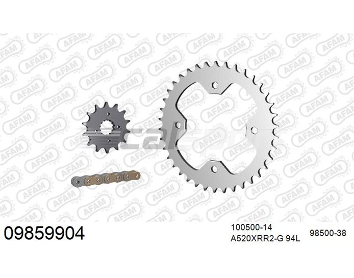 09859904 - AFAM Premium Chain & Steel Sprocket Kit, 520 (OE pitch) - Gold 94 link chain, 14T steel/38T steel sprockets