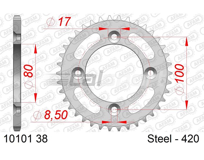 10101-38 - AFAM Sprocket, Rear, 420 (OE pitch), Steel   - Silver, 38T (orig size)