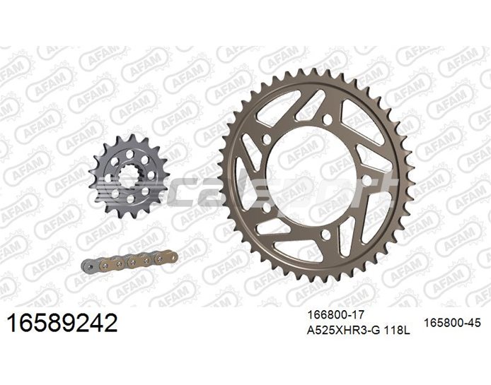 16589242 - AFAM Premium Chain & Ultralight Alu Racing Sprocket Kit, 525 (OE pitch) - Gold 118 link chain, 17T steel/45T alu sprockets