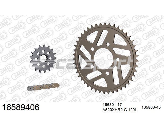 16589406 - AFAM Premium Chain & Ultralight Alu Racing Sprocket Kit, 520 conversion, Optional forged wheels - Gold 120 link chain, 17T steel/45T alu spr