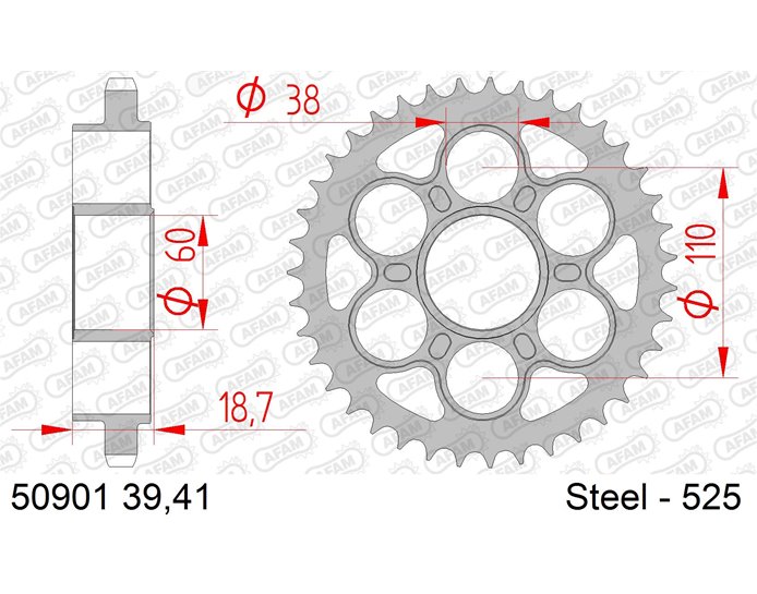 AFAM Sprocket, Rear, 525 (OE pitch), Steel  , inc ABS models - Silver, 39T (orig size)